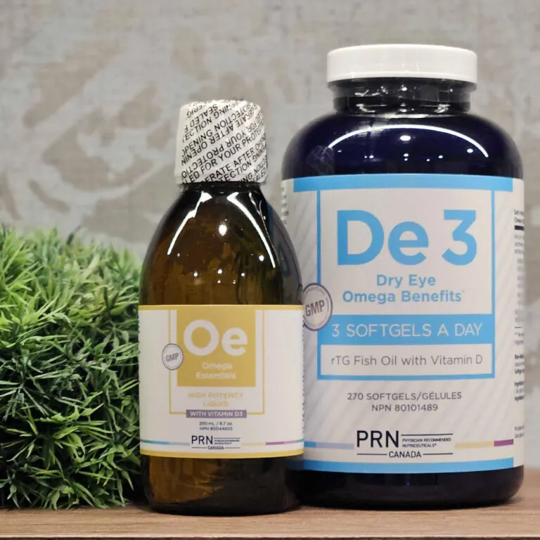 PRN De3 rTG fish oil softgels and Omega Essentials liquid, the Omega-3 supplements carried at Focus Aesthetics